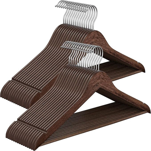 SONGMICS Wooden Hangers, Pack of 30, Coat Hangers, Pants Bar, 360° Swivel Hooks, Solid Birch Wood, Space Saving, for Jackets, Shirts, Coats, Walnut Brown UCRW030K02