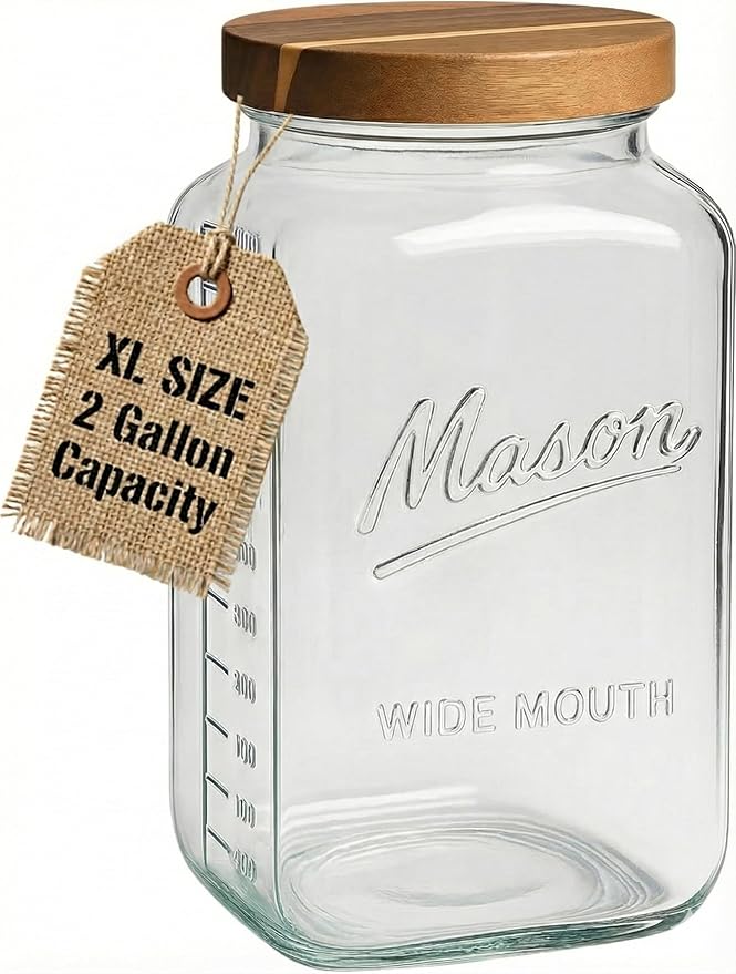 kitchentoolz 2 Gallon Glass Mason Jar with Airtight Wooden Lid – Wide Mouth Square Storage Container with Measurement Marks – Ideal for Pantry Organization, Dry Goods & Food Prep