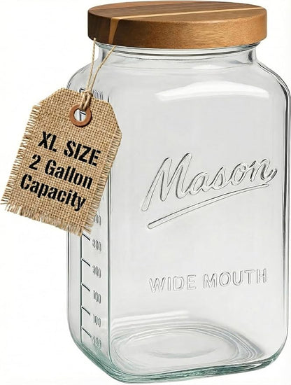 kitchentoolz 2 Gallon Glass Mason Jar with Airtight Wooden Lid – Wide Mouth Square Storage Container with Measurement Marks – Ideal for Pantry Organization, Dry Goods & Food Prep