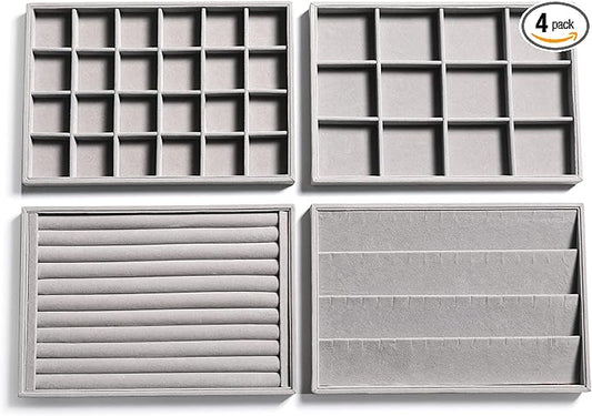 Frebeauty Stackable Velvet Jewelry Organizer Trays for Drawers Inserts Jewelry Storage Tray Display Case Earrings Bracelets Necklace Rings Accessories Trays for Women(Set of 4)(Grey).