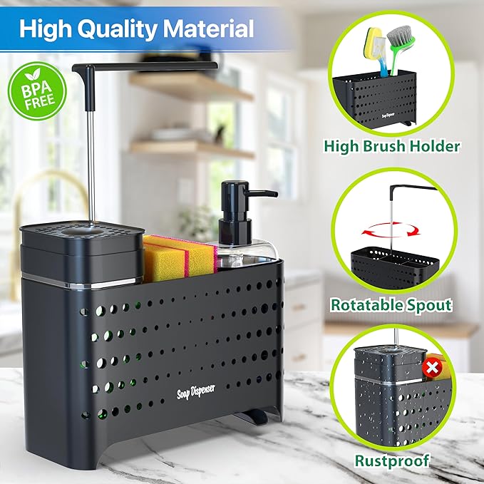YAN & HIN Dish soap dispenser with sponge holder, 5-in-1 Kitchen soap dispenser set, Soap holder kitchen, Soap and sponge holder for sink