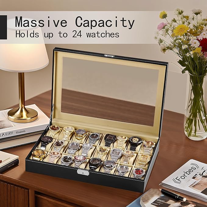 Baojulong 24-Slot Black PU Leather Watch Box, Watch Organizer with Clear Lid, Fits Various Watch Styles