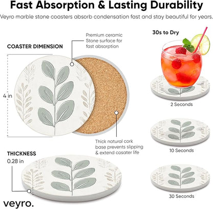 VEYRO Ceramic Coasters Set of 6 – Absorbent Stone Drink Coasters with Holder, Non-Slip Cork Backing, Modern Marble Look Coasters for Coffee Table, Desk & Home Decor