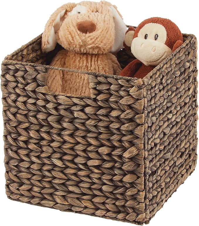 mDesign Natural Woven Hyacinth Cube Organizer Basket with Handles, Storage for Bathroom, Laundry Room Shelf or Nursery - Perfect for Cubby Storage Units - Hold Blankets and Books - 6 Pack, Brown Wash