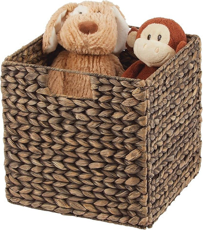 mDesign Natural Woven Hyacinth Cube Organizer Basket with Handles, Storage for Bathroom, Laundry Room Shelf or Nursery - Perfect for Cubby Storage Units - Hold Blankets and Books - 6 Pack, Brown Wash