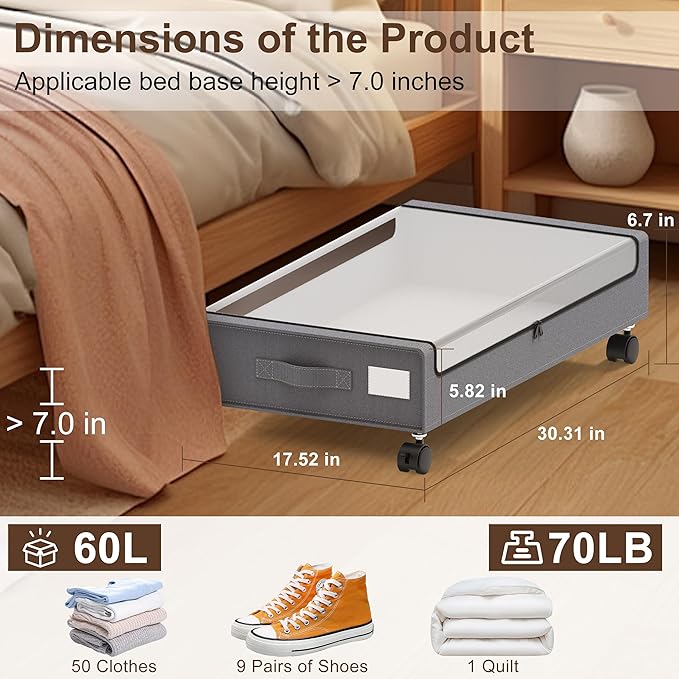 VXEAPADE Under Bed Storage with Wheels - 2Pack Underbed Storage Containers with Clear Lid & Label, Under The Bed Rolling Storage Bins for Shoes, Clothes, Blankets, Books (Grey, Large)