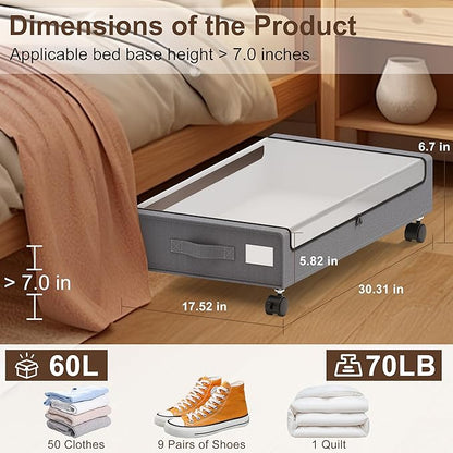 VXEAPADE Under Bed Storage with Wheels - 2Pack Underbed Storage Containers with Clear Lid & Label, Under The Bed Rolling Storage Bins for Shoes, Clothes, Blankets, Books (Grey, Large)