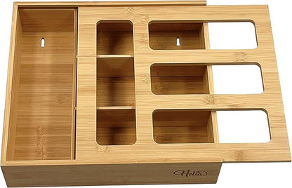 HELIA Bamboo Zip Storage Bag Organizer for Kitchen Drawer and Wall Mount | Solid Bamboo Food Storage Bag Holder | Plastic Bag Organizer for Sandwich and Snack Storage