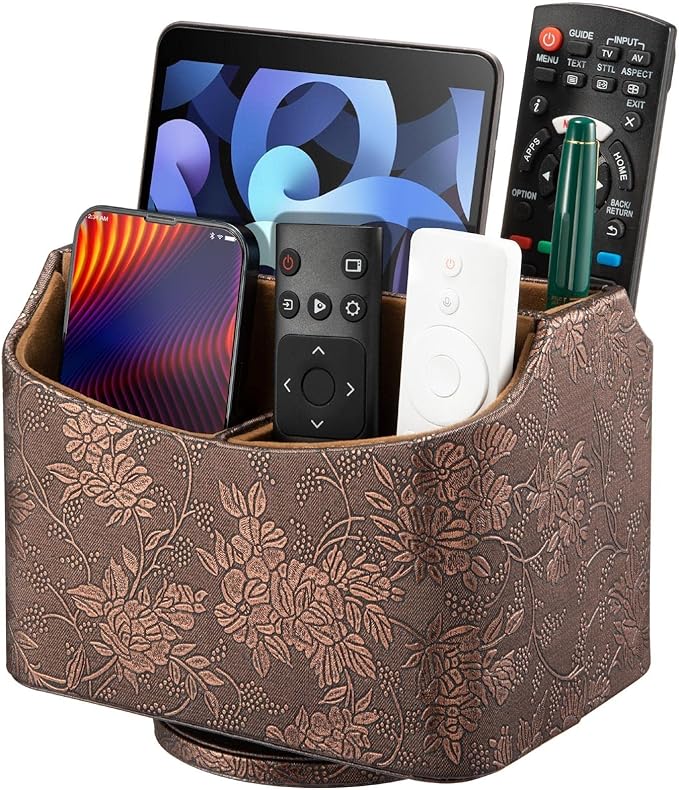 Lorteme Remote Control Holder, Spinning Desk Organizer, Nightstand Bedside Caddy for TV Remotes/Tablets/Phones/Eyeglasses/Books/Pens - Antique
