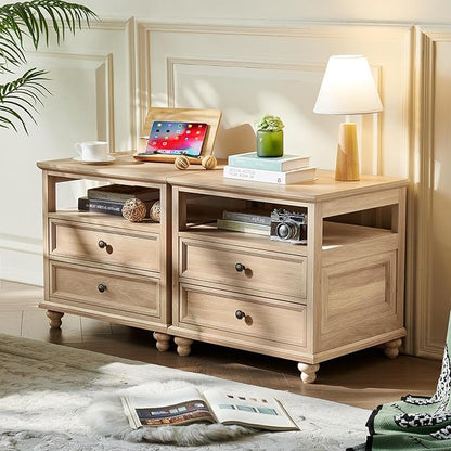 Joaxswe 24" Wide Farmhouse Night Stand,Large End Table with 2 Drawers & Metal Handle,Wood Dresser for Bedroom, Natural Bed Side Table Chest of Drawers Cabinet,Nightstand for Living Room,Closet