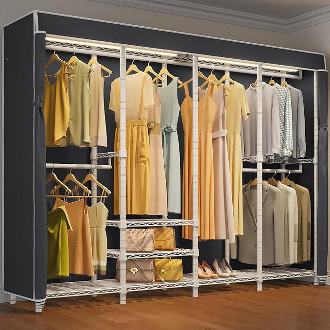 VIPEK V40LC Covered Clothes Rack with Dimmable LED Lights, Heavy Duty Garment Rack with Cover Portable Closet Wardrobe Clothing Racks for Hanging Clothes, White Closet Racks with Black Oxford Cover