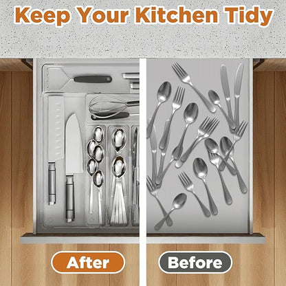 Expandable Utensil Drawer Organizer, Clear Plastic Silverware Tray for Drawers 9 Compartments Adjustable Non-Slip Drawer Storage Organizer forTableware, Knives, Forks, Spoons, Tools, Stationery
