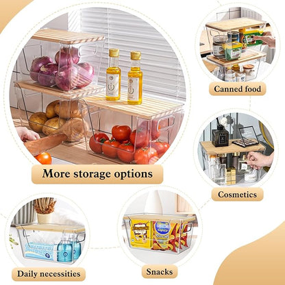 4 Set Stackable Storage with Removable Bamboo Cover, Plastic Container for Kitchen Organizers, Clear Front Open More Easy Access Bins Storage for Pantry, Potato, Onion, Garlic, Fruits, Vegetable