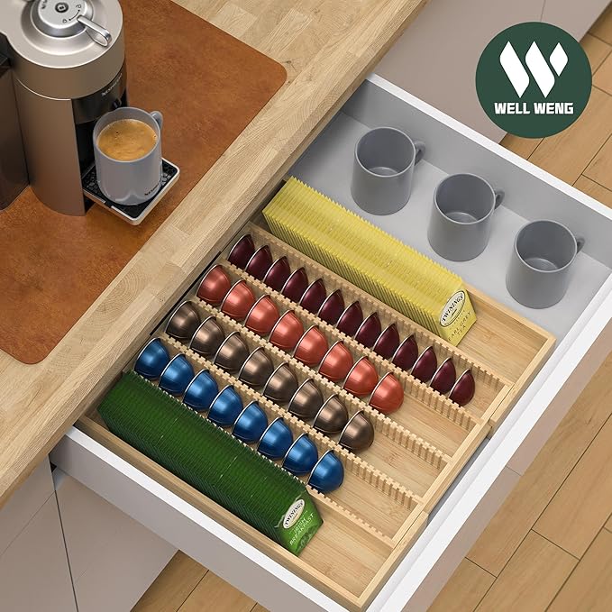 Larger Expandable Bamboo Organizer Holder for Counter Drawer Insert - Compatible with Nespresso Vertuo Capsules - Tea Bags Storage (Natural) 10.8" -19"W x15.67"Dx1.9"H