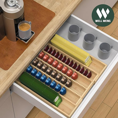 Larger Expandable Bamboo Organizer Holder for Counter Drawer Insert - Compatible with Nespresso Vertuo Capsules - Tea Bags Storage (Natural) 10.8" -19"W x15.67"Dx1.9"H