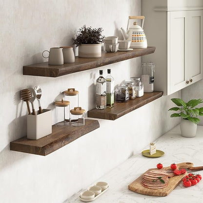 Live Edge Elm Floating Shelves for Wall Decor, Rustic Solid Wood Shevles Wall Mounted with Invisible Bracket for Living Room Bathroom Bedroom Kitchen, 24 Inch Set of 2, Walnut