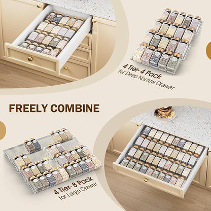 PanPanPal Spice Drawer Organizer, 4 Pack Clear Seasoning Organizer Rack, Expandable From 11" to 22" Wide Kitchen Spice Rack Organizers for Drawer, Countertop (Jars Not Included)