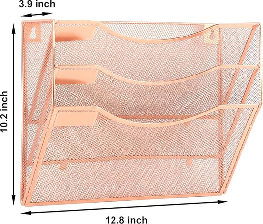 EASEPRES 3 Pocket Mesh Hanging Wall File Organizer, Wall Mounted Mail Paper Document Folder Holder, Clipboard Storage Organization Magazine Rack with Nametag Label for Office Home School, Rose Gold