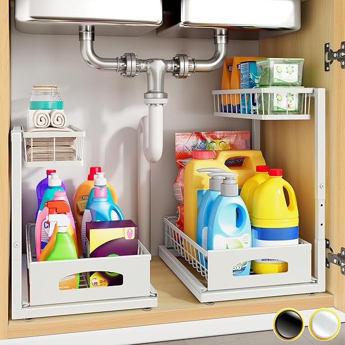 Under Sink Organizer, 2 Pack Height Adjustable Cabinet Organizer with Slide Out Drawer, Pull Out Under Sink Storage, Multi-Purpose 2 Tier Sink Shelves for Kitchen Bathroom Pantry (White, 2 Pack)