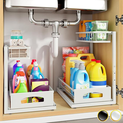 Under Sink Organizer, 2 Pack Height Adjustable Cabinet Organizer with Slide Out Drawer, Pull Out Under Sink Storage, Multi-Purpose 2 Tier Sink Shelves for Kitchen Bathroom Pantry (White, 2 Pack)