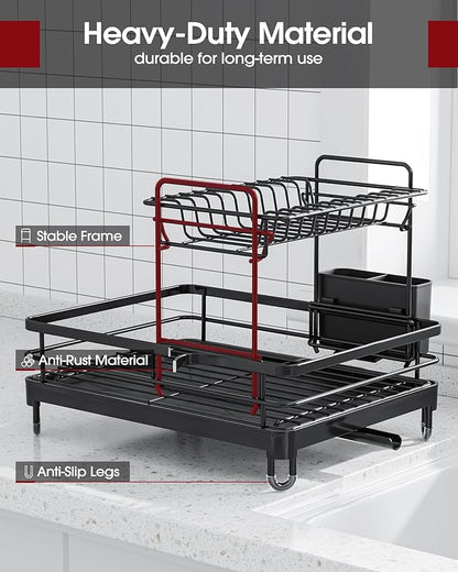 Sakugi Dish Drying Rack - X-Large Stainless Steel Dish Rack for Kitchen Counter, 2-Tier Kitchen Organizers and Storage for Dishes, Bowls, Cutlery, Black