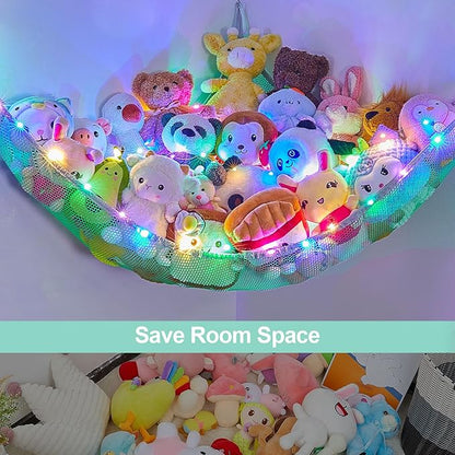 Unicorn Castle Stuffed Animals Net or Hammock Kids Toy Storage Organizer with LED Light Hanging Corner Stuffed Animals Holder Kids Girls Room Decor,Green,Large (Pack of 1)