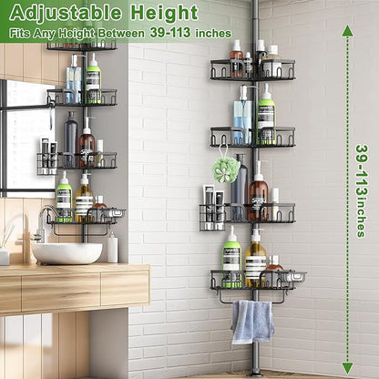 Clothink Corner Shower Caddy Tension Pole 4 Tier Adjustable Stainless Steel Shower Shelf for Inside Shower Bathtub Shampoo,Standing Bathroom Organizer Shelves with 39 to 113 inch Height