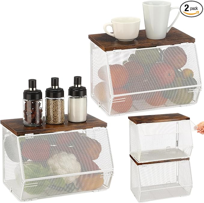 2 Pcs Stackable Mesh Fruit Basket with Lid Wall Produce Vegetable Storage Basket Onion Potato Snack Hanging Metal Wire Container for Kitchen Counter Pantry(Non-removable,White,8.3"w & 13.8"l)