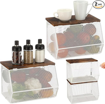 2 Pcs Stackable Mesh Fruit Basket with Lid Wall Produce Vegetable Storage Basket Onion Potato Snack Hanging Metal Wire Container for Kitchen Counter Pantry(Non-removable,White,7.1"w & 11.8"l)