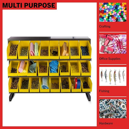 Small Parts Organizer with 24 Plastic Storage Bins - Powder-Coated Steel Rack with Removable Drawers for Garage Organization by Stalwart (Yellow)