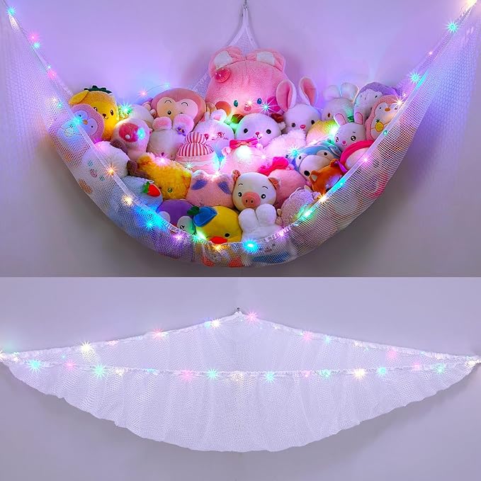 Unicorn Castle Stuffed Animals Net or Hammock Kids Toy Storage Organizer with LED Light Hanging Corner Stuffed Animals Holder Kids Girls Room Decor,White,XLarge (Pack of 1)