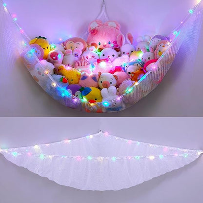 Unicorn Castle Stuffed Animals Net or Hammock Kids Toy Storage Organizer with LED Light Hanging Corner Stuffed Animals Holder Kids Girls Room Decor,White,XLarge (Pack of 1)