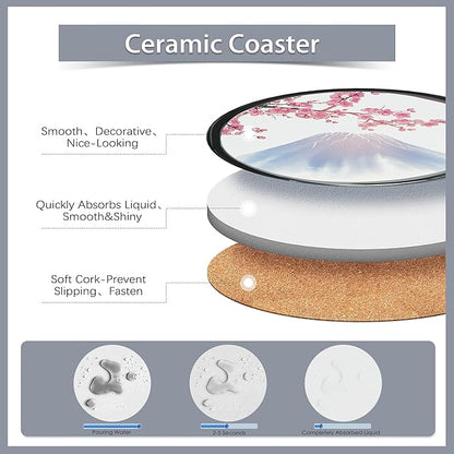 Drink Coasters Set of 6 with Holder,Japanese Cherry Blossom and Fujiyama Mountain Absorbent Ceramic Coasters with Cork Base,Fit All Cups,Tabletop Protection Mat for Mugs and Cups,Office,Kitchen