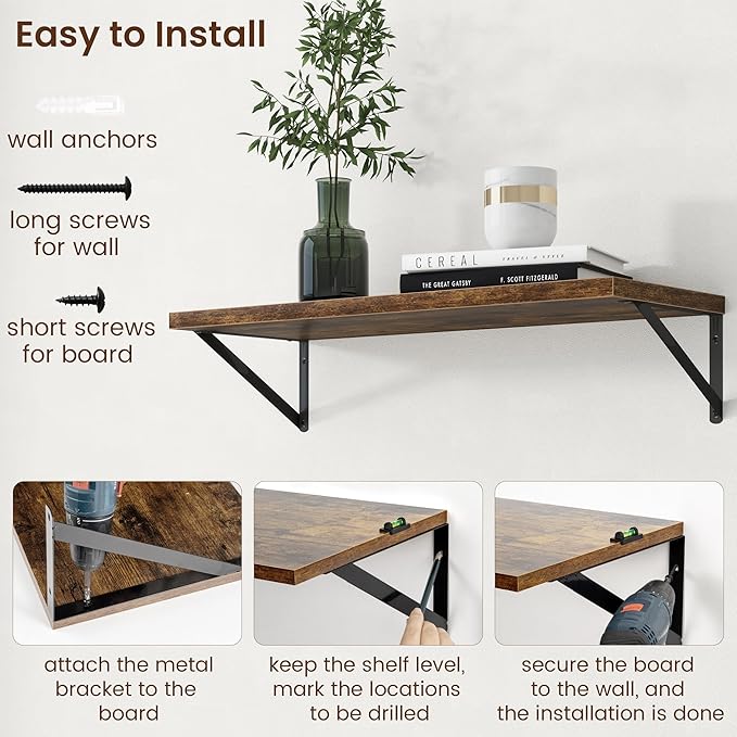 Axeman Deep Floating Shelves - 30 Inch Floating Shelves Set of 2-12 Inch Deep Brown Wood Wall Shelves for Living Room Bathroom Kitchen