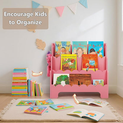 Kids Bookshelf Wooden 3-Tier, Scalloped Book Shelf for Kids Rooms, Front Facing Toddler Montessori Bookshelf, Baby Nursery Book Shelves Kid Classroom Book Shelf Bookcase