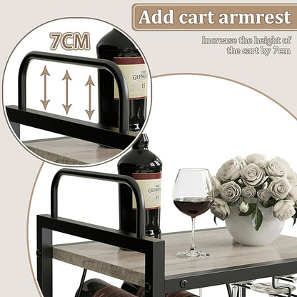 Bar Cart for The Home, 3 Tier Kitchen Carts with Wheels, Small Rolling Cart with Glass Holders, Wine Rack, Mini Bar Cart for Kitchen, Dining Room, Living Room, 13.0" D x 17.0" W x 33.8" H, Greige