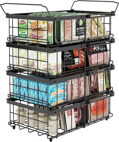UMDONX 4 Pack Expandable Freezer Organizer Bins Large Freezer organizer Bins Stackable 11.4" Expand to 17.9", Fit 10 to 20 Cu.FT Black