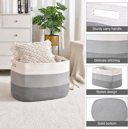 Extra Large Blanket Basket Living Room, Rectangle Storage Basket, Large Woven Baskets for Storage, Cotton Rope Basket for Toys, Clothes, Gradient Grey - 25”x16”x16” (105L)
