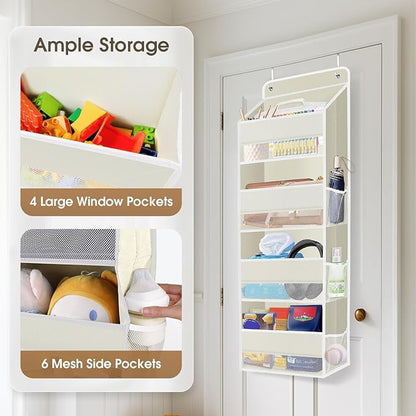 2 Pack Over The Door Organizer, Hanging Storage Organizer with Clear Window, 40lb Ultra Sturdy Large Capacity Room Organizer for Pantry Laundry Bathroom Nursery Closet (Beige)