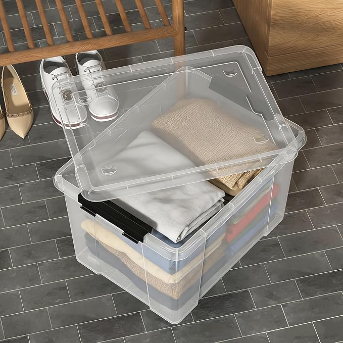 Buyitt 40 Quart Plastic Storage Bin, Stackable and Nestable Storage Boxes with Lids and Secure Latching Buckles, Storage Container for Home or Office Organization (Clear, 40Quart-4Pack)
