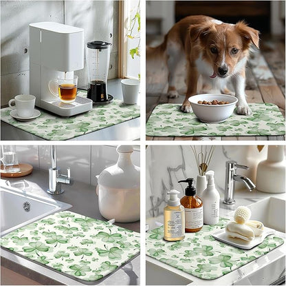 St Patrick's Day Clover Dish Drying Mat for Kitchen Counter Green Lucky Shamrock Microfiber Dish Drainer Mat St. Patrick's Day Absorbent Reversible Drying Pad Spring Sage Leaf Dish Rack Mat 16x18 In