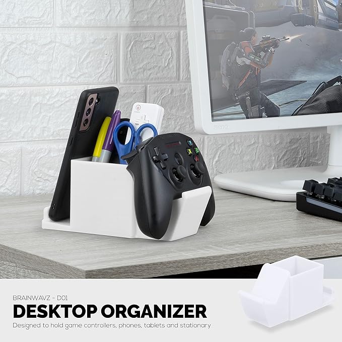 Desk Organizer with Game Controller Holder, Tablet Stand for iPads/iPhones, TV Remote & Pen Storage, Reduce Desktop Clutter, Have All Your Side Table Items in One Space (White)