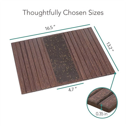 DETOR Couch Arm Tray with Retro Cork Pad, Brown-Stained Bamboo Finish, Enhanced Non-Slip Bottom, Sturdy Bamboo Slats, Fits Armrests 4.6" and Wider