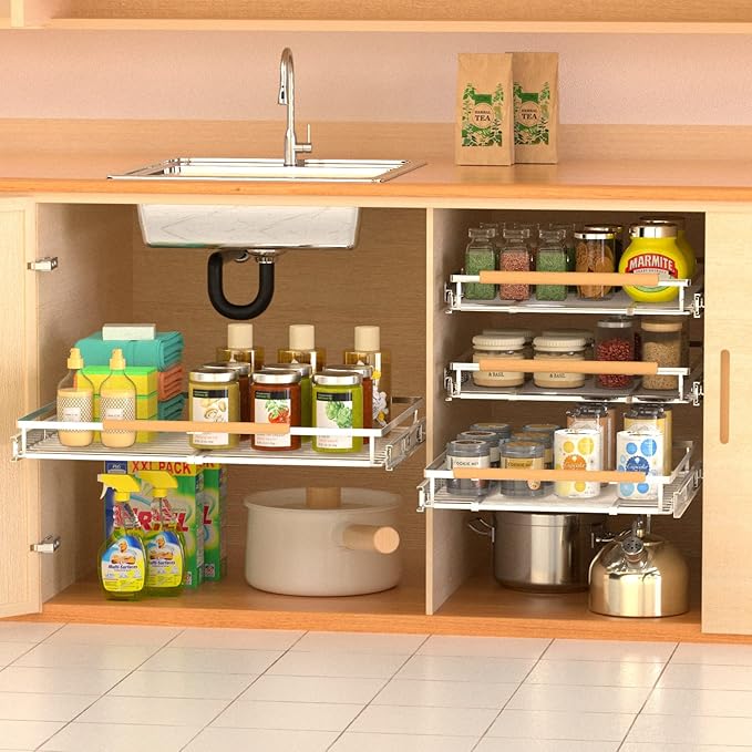 Expandable Pull Out Drawer Cabinet Organizers, Heavy Duty Slide Out Storage Shelf for Home Kitchen Pantry Cupboard Pots Pans, Adjustable Width from 17.2"~28.1", Stainless Steel 2 Pack