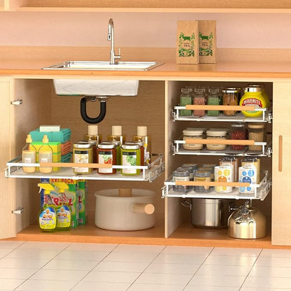 Expandable Pull Out Drawer Cabinet Organizers, Heavy Duty Slide Out Storage Shelf for Home Kitchen Pantry Cupboard Pots Pans, Adjustable Width from 17.2"~28.1", Stainless Steel 2 Pack