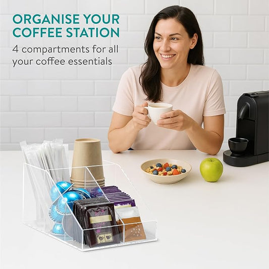 Navaris 4 Compartment Coffee Organiser - Sugar, Creamer, Tea Supplies - Office & Kitchen Countertop Organisation