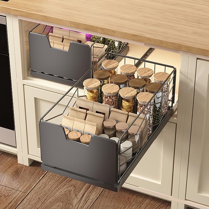 NETEL Pull Out Cabinet Organizer, 4 Pack No Drill Slide Out Drawers for Kitchen Cabinets, Metal Pantry Pull Out Shelves, Kitchen Cabinet Organizer, Pull Out Home Organizers,11.8"W X 20.86"D X 6.9"H