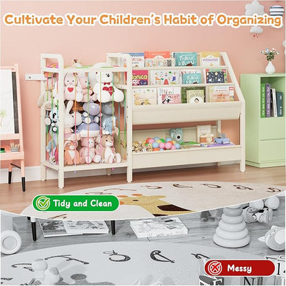 B5 Kids Bookshelf and Toy Storage, Book Shelf for Kids Rooms, Sling Toddler Book Shelves with Stuffed Animal Storage, Montessori Baby Bookcase for Nursery, Bedroom, Playroom, White