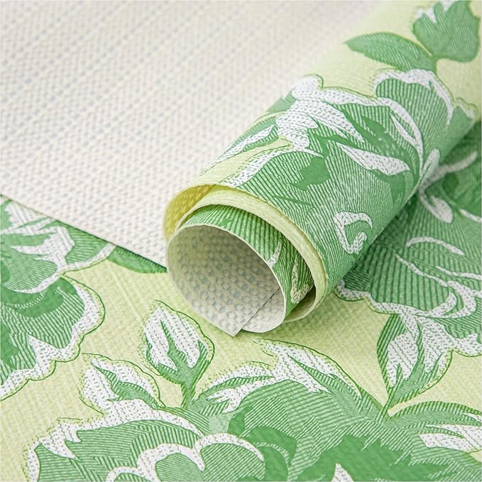 FIFTY FEET 12X120 Inch Shelf Liner for Kitchen Cabinets, PVC Drawer Liner for Dresser Non-Slip Bathroom, Non-Adhesive Cabinet Liner Washable (Green Flower)(3 Roll)