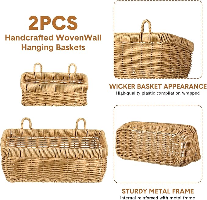 Tioncy 2 Pcs Woven Hanging Wall Baskets for Storage Boho Style Hanging Storage Plastic Woven Baskets with 4 Hooks for Kitchen Garden Living Room(Light Brown,Imitation Rattan Plastic)